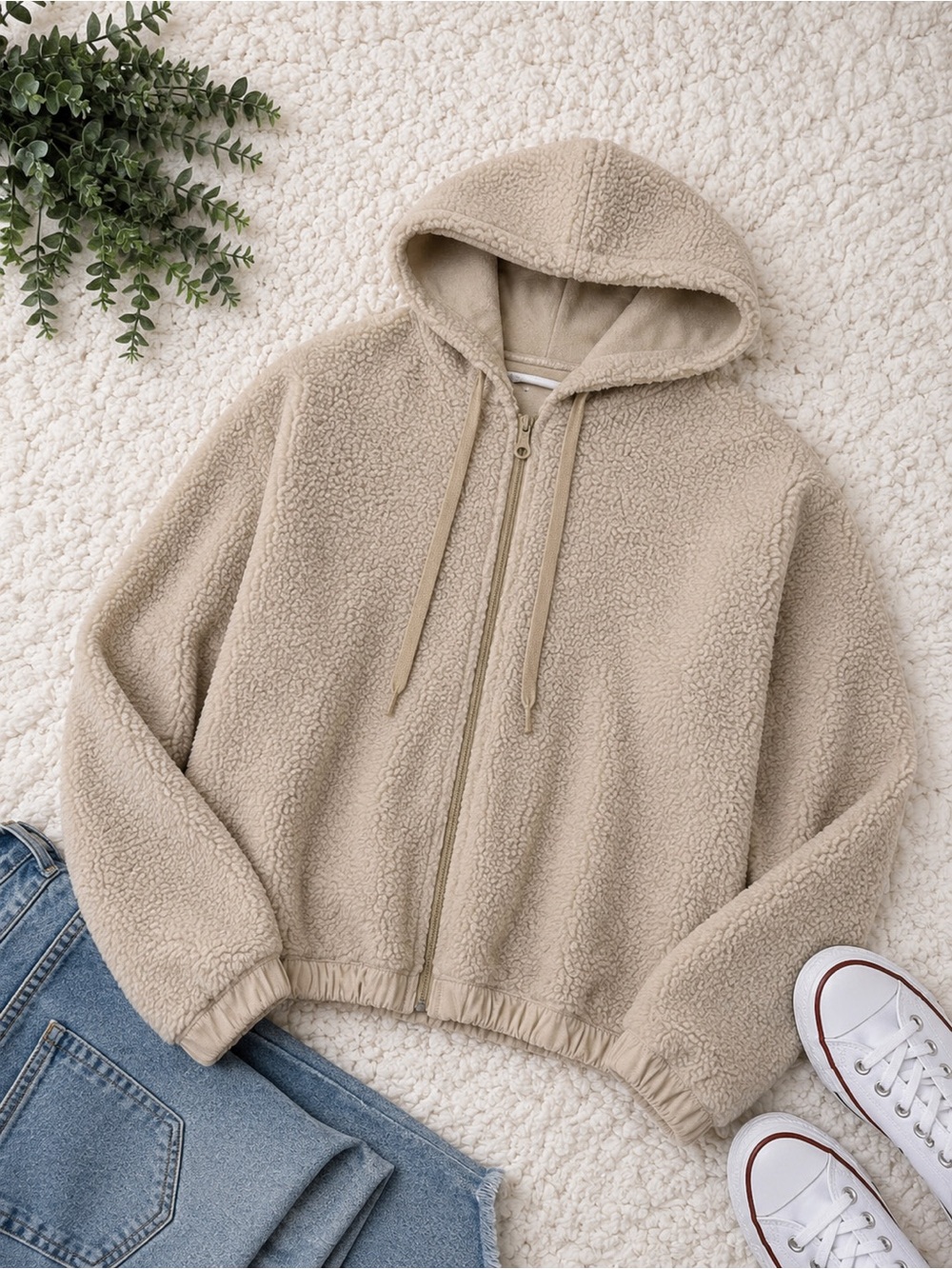 Aerie OFFLINE Sherpa Full Zip Hoodie Jacket Cream Beige Cozy Fleece